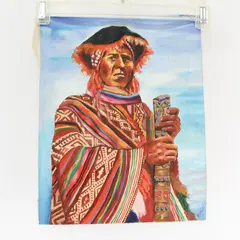 Peruvian Man Portrait Original Acrylic Painting on Cloth 11.5" x 9"