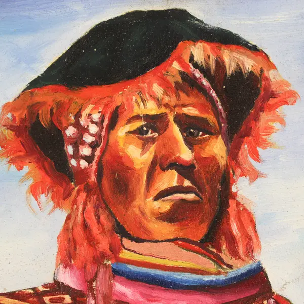 Peruvian Man Portrait Original Acrylic Painting on Cloth 11.5" x 9"