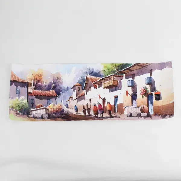 Peruvian Village Signed Original Watercolor Landscape Painting 7" x 19.5"