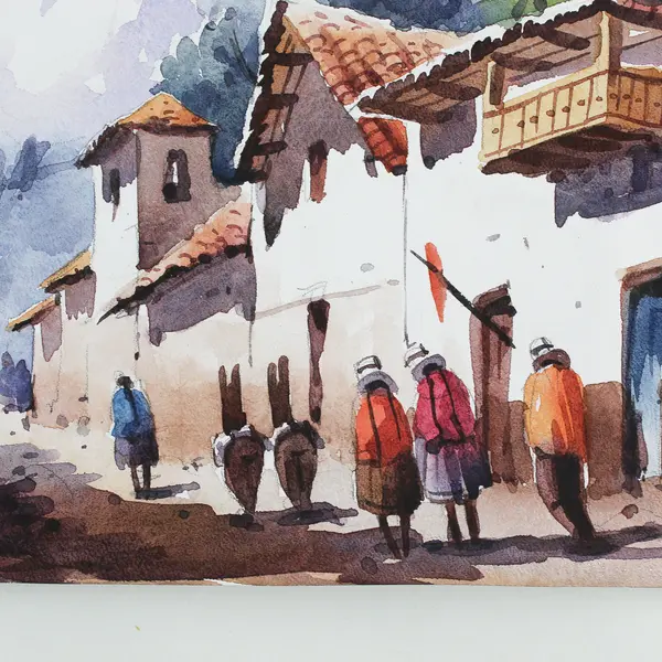 Peruvian Village Signed Original Watercolor Landscape Painting 7" x 19.5"