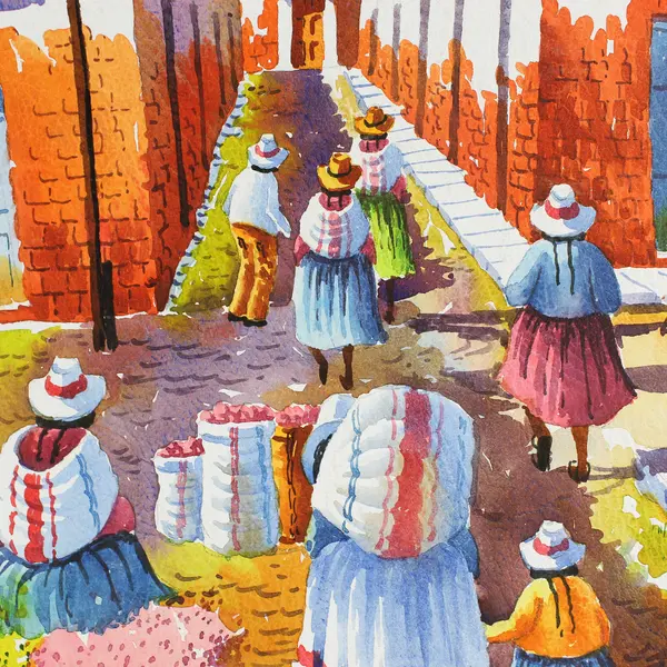 Mario Huber Signed Original Watercolor Peruvian Village Scene Landscape