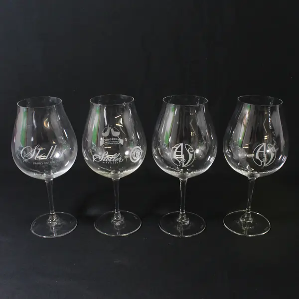 Set of 4 Riedel Wine Glasses 9.25" Two Stoller Vineyards And 2 Monogrammed A J