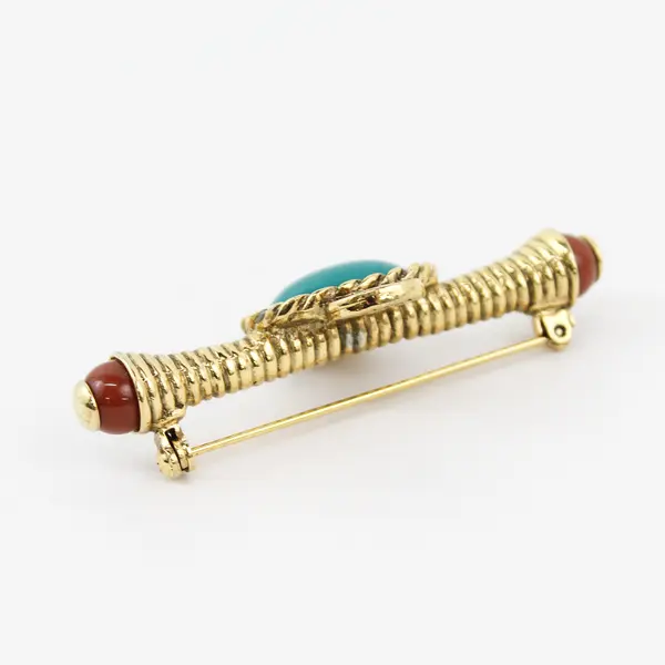Vintage Faux Turquoise Cabochon Gold-Tone Bar Brooch