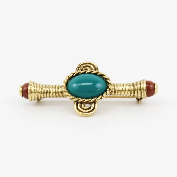Vintage Faux Turquoise Cabochon Gold-Tone Bar Brooch