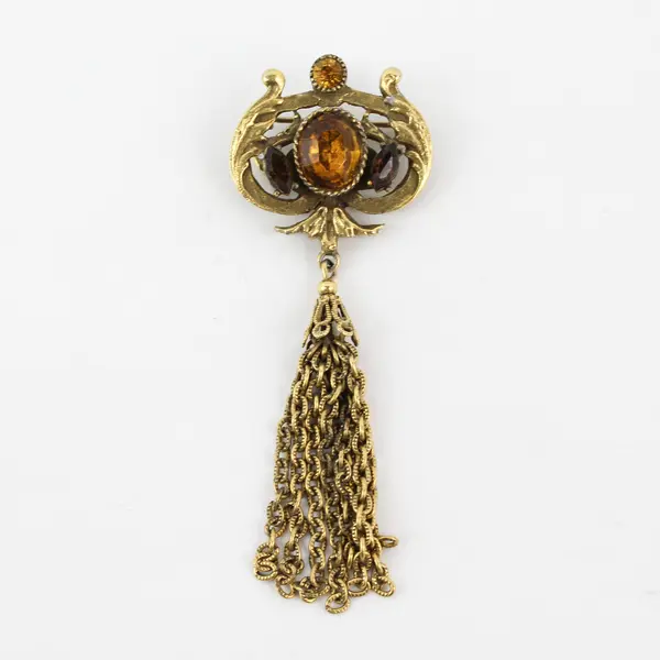 Amber Glass Stones Gold-Tone Tassel Brooch Costume Jewelry