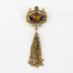 Amber Glass Stones Gold-Tone Tassel Brooch Costume Jewelry
