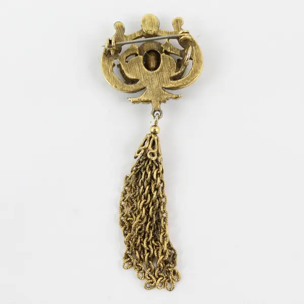 Amber Glass Stones Gold-Tone Tassel Brooch Costume Jewelry