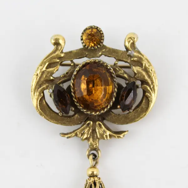 Amber Glass Stones Gold-Tone Tassel Brooch Costume Jewelry