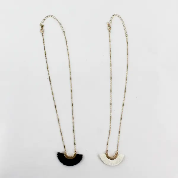 Set of 2 Matching Black & White Fringe Gold-Tone Necklaces 21" 