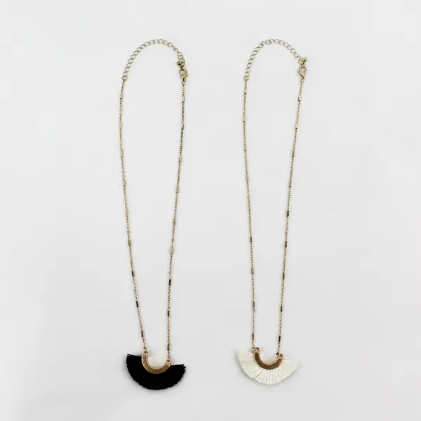 Set of 2 Matching Black & White Fringe Gold-Tone Necklaces 21" 
