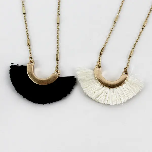 Set of 2 Matching Black & White Fringe Gold-Tone Necklaces 21" 