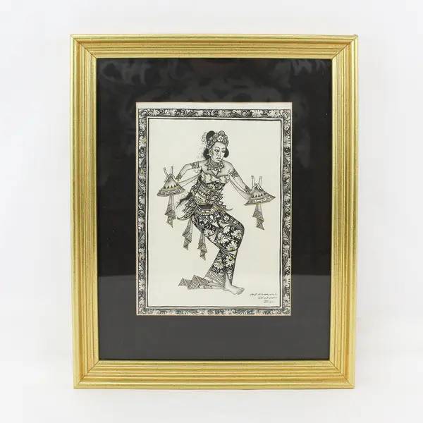 Signed Balinese Woman Temple Dancer Illustration Framed & Matted 11.5" x 14.5"