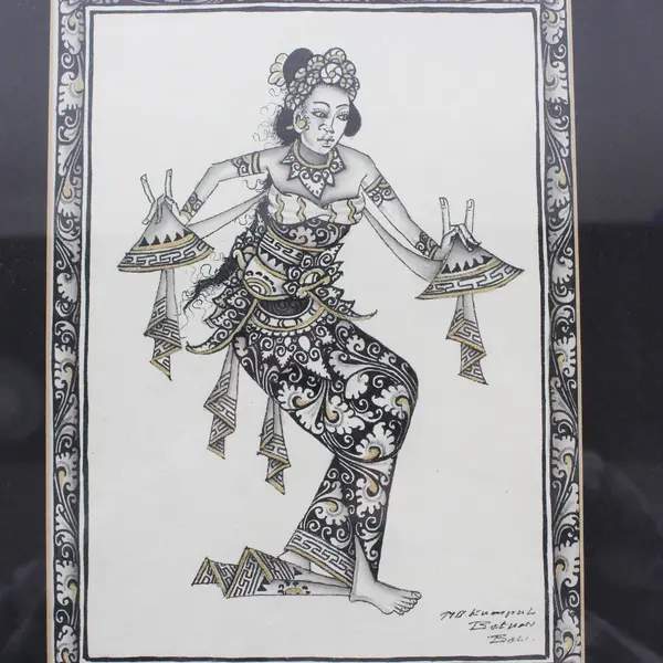Signed Balinese Woman Temple Dancer Illustration Framed & Matted 11.5" x 14.5"