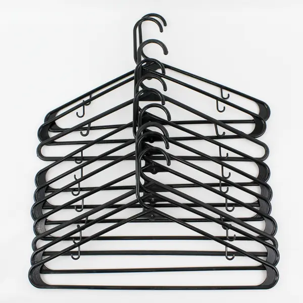 Lot of 10 Black Plastic Clothes Hangers with Strap Hooks