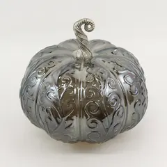 Iridescent Smoky Gray Glass Battery Operated Light Up Pumpkin Vine Pattern 9.5"