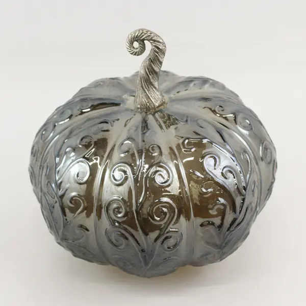 Iridescent Smoky Gray Glass Battery Operated Light Up Pumpkin Vine Pattern 9.5"