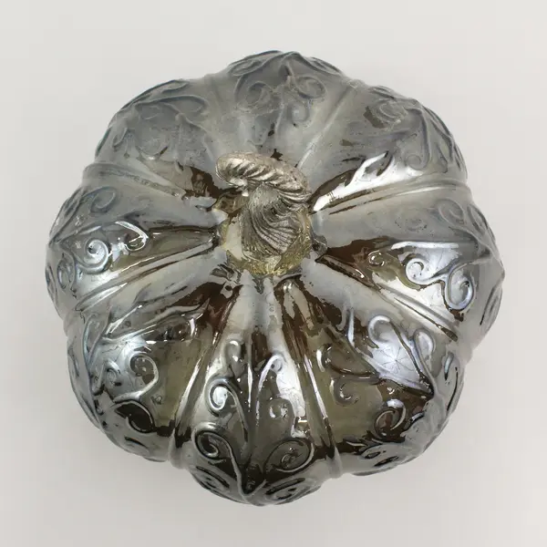 Iridescent Smoky Gray Glass Battery Operated Light Up Pumpkin Vine Pattern 9.5"
