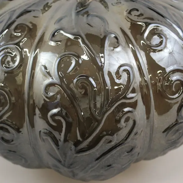 Iridescent Smoky Gray Glass Battery Operated Light Up Pumpkin Vine Pattern 9.5"