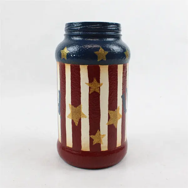 Hand-Painted Patriotic Themed Glass Jar w/ Stars & Stripes Design