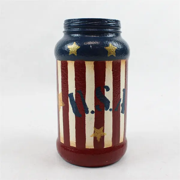 Hand-Painted Patriotic Themed Glass Jar w/ Stars & Stripes Design