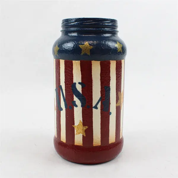 Hand-Painted Patriotic Themed Glass Jar w/ Stars & Stripes Design