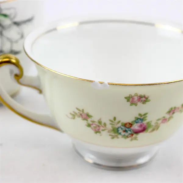 Lot of 2 Bone China Teacups Victoria C&E Daffodil & Meito Hand-Painted Gold