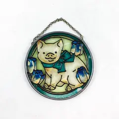 Hanging Stained Glass Suncatcher Blue Ribbon Piglet w/ Blue Flowers 3.5"