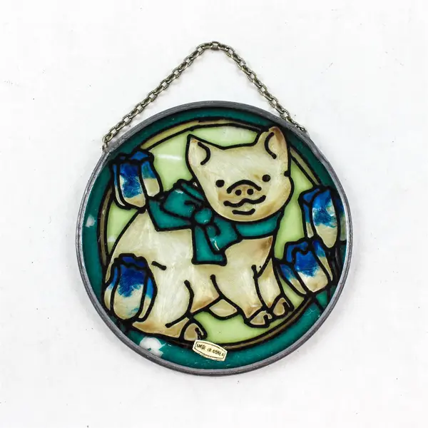 Hanging Stained Glass Suncatcher Blue Ribbon Piglet w/ Blue Flowers 3.5"