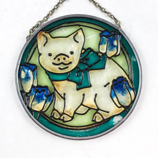 Hanging Stained Glass Suncatcher Blue Ribbon Piglet w/ Blue Flowers 3.5"