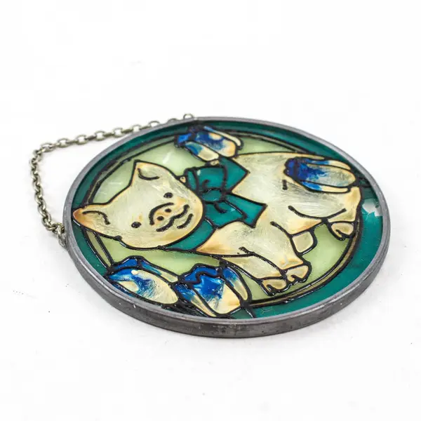 Hanging Stained Glass Suncatcher Blue Ribbon Piglet w/ Blue Flowers 3.5"