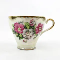 Vintage Iridescent Porcelain Teacup Pink Floral Design Gold Trim