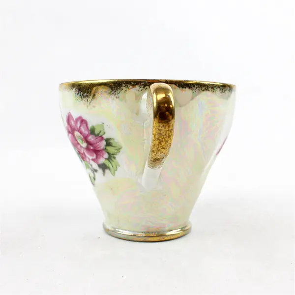 Vintage Iridescent Porcelain Teacup Pink Floral Design Gold Trim