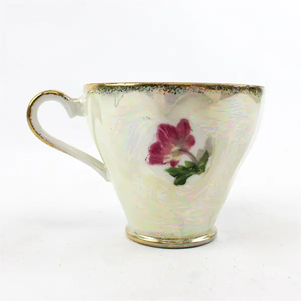 Vintage Iridescent Porcelain Teacup Pink Floral Design Gold Trim