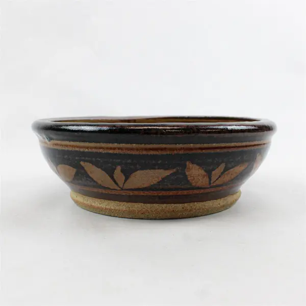 Vintage Studio Pottery Planter Bowl Dark Brown Glaze Leaf Pattern 7"