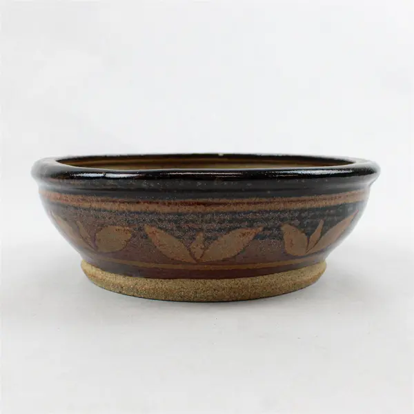 Vintage Studio Pottery Planter Bowl Dark Brown Glaze Leaf Pattern 7"
