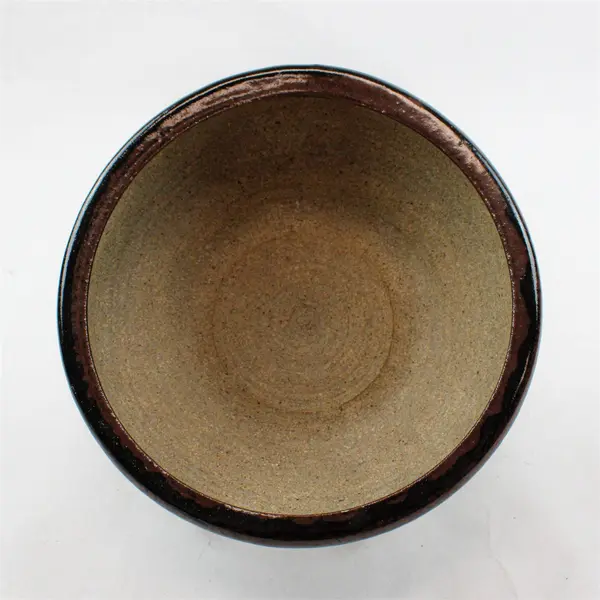 Vintage Studio Pottery Planter Bowl Dark Brown Glaze Leaf Pattern 7"