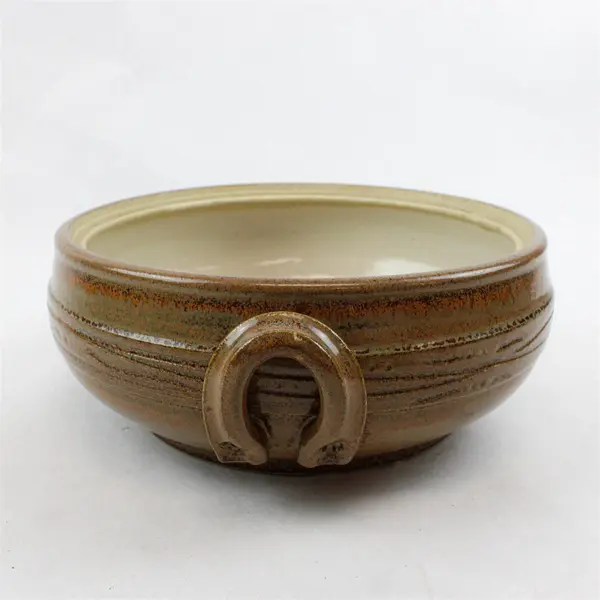 Handmade Studio Pottery Pot Mottled Brown Beige Glaze w/ Handles 10.75"