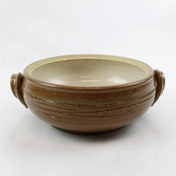 Handmade Studio Pottery Pot Mottled Brown Beige Glaze w/ Handles 10.75"