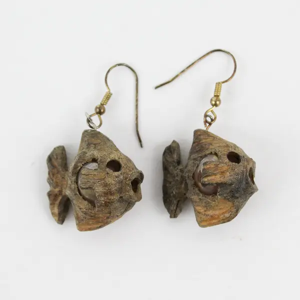 Teak Wood Marble Fish Dangle Earrings