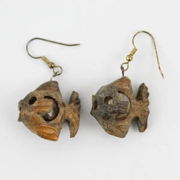 Teak Wood Marble Fish Dangle Earrings