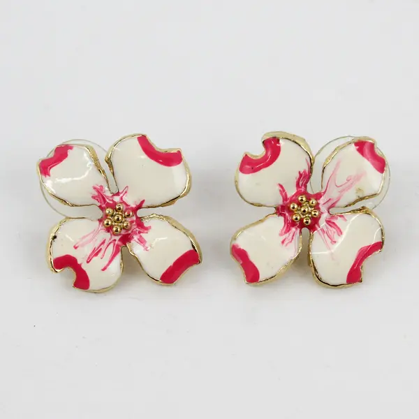 Vintage Giovanni White And Pink Enamel Dogwood Stud Earrings