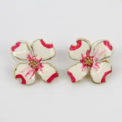 Vintage Giovanni White And Pink Enamel Dogwood Stud Earrings
