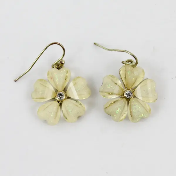 Acrylic Plumeria Floral Drop Earrings Rhinestone Center