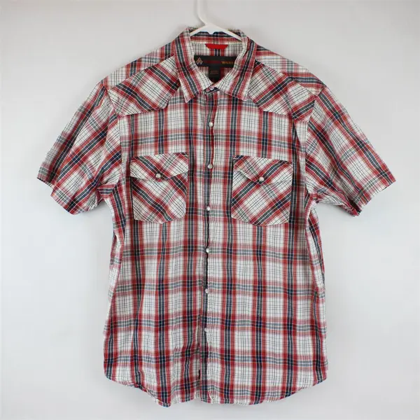 AmericaWare Men's Large Red Blue White Plaid Pearl Snap Shirt
