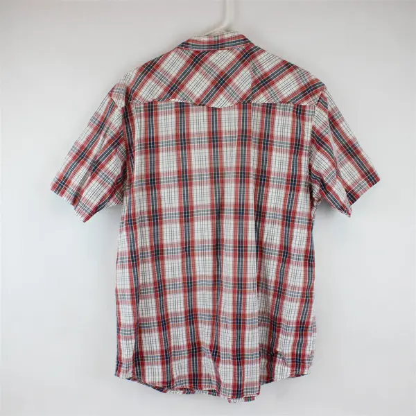 AmericaWare Men's Large Red Blue White Plaid Pearl Snap Shirt