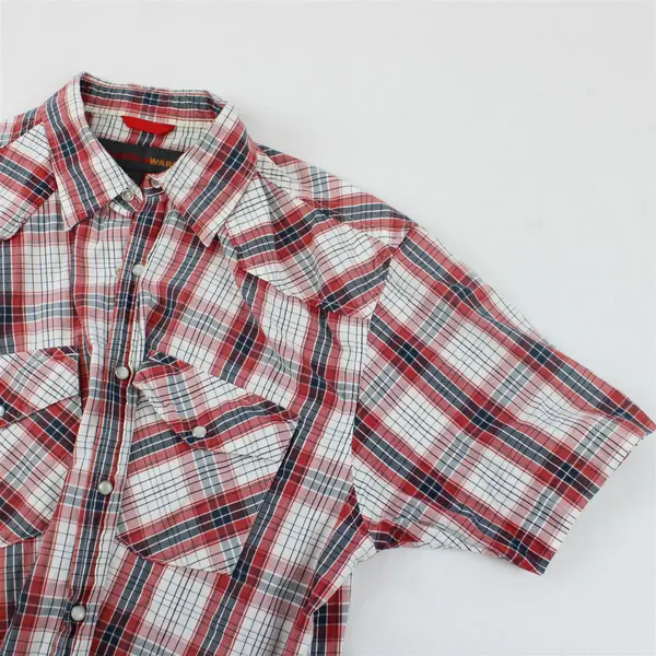 AmericaWare Men's Large Red Blue White Plaid Pearl Snap Shirt