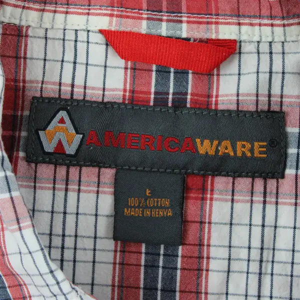 AmericaWare Men's Large Red Blue White Plaid Pearl Snap Shirt