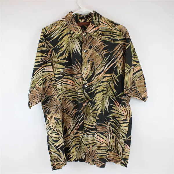 Tori Richard Green & Brown Palm Leaf Print Black Button-Up Men's Large