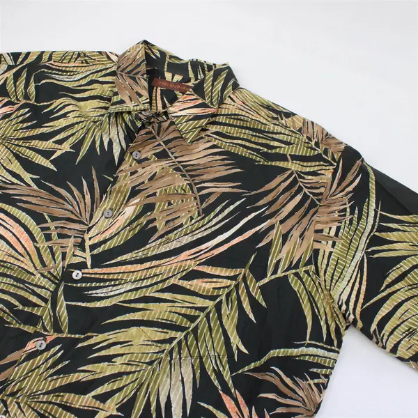 Tori Richard Green & Brown Palm Leaf Print Black Button-Up Men's Large