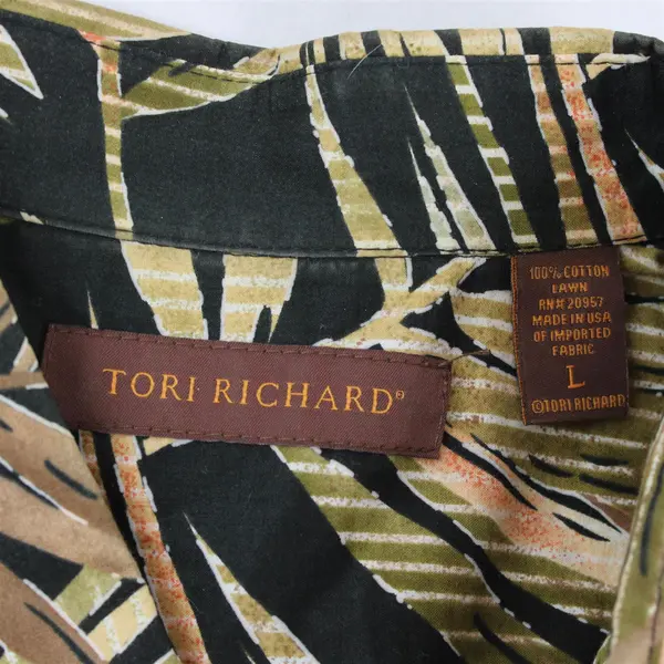 Tori Richard Green & Brown Palm Leaf Print Black Button-Up Men's Large